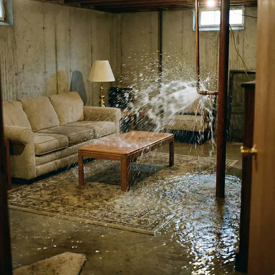 Water spraying from a broken pipe across a flooded lower-level living room, water damage in Gresham, OR
